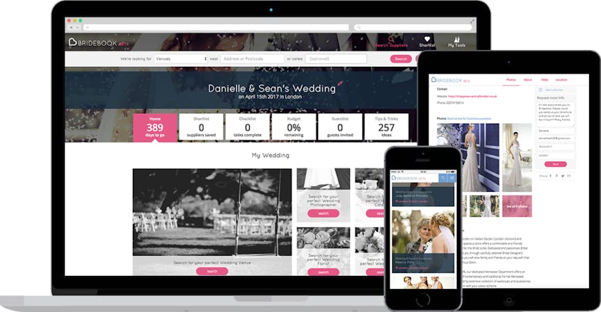 Your Online Wedding Planner of Choice, Across All Devices. Examples of Bridebook on computer, tablet and phone showing the wedding planning tools and wedding inspiration.