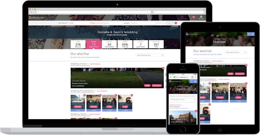 Your Online Wedding Planner of Choice, Across All Devices. Examples of Bridebook on computer, tablet and phone showing the wedding planning tools and wedding inspiration.